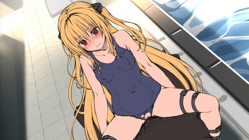 1boy bare_shoulders blonde_hair blush breasts collarbone covered_navel covered_nipples female konjiki_no_yami long_hair medium_breasts red_eyes school_swimsuit sex sitting skindentation solo_focus straight swimsuit thigh_strap tile_floor tiles to_love-ru torn_clothes torn_swimsuit touchuu_kasou water