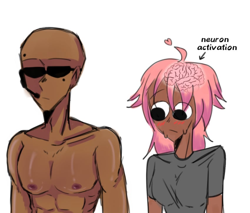 1boy 1girls abs ahoge ashleylust_(artist) bald_male big_breasts black_t-shirt blush dark-skinned_male dark_skin eyes_wide_open hard_nipples male_boobs male_breasts male_tits meme neuron_activation_(meme) oc original_characters pink_hair shocked_expression shocked_eyes shocked_face sunglasses tagme