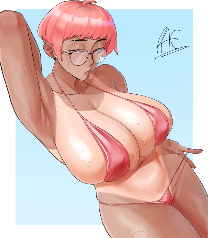 big_breasts big_thighs bikini bikini_bottom bikini_top breasts choker dark-skinned_female dark_skin ear_piercing ear_ring earrings evelyn_(paeder69) female glasses oc original original_character paeder69 pants pierced_ears piercing piercings pink_clothing pink_hair ring shirt short_hair solo solo_female sweat sweating swimsuit text thighs very_short_hair wet wet_body wet_clothes wet_clothing wet_skin white_clothing