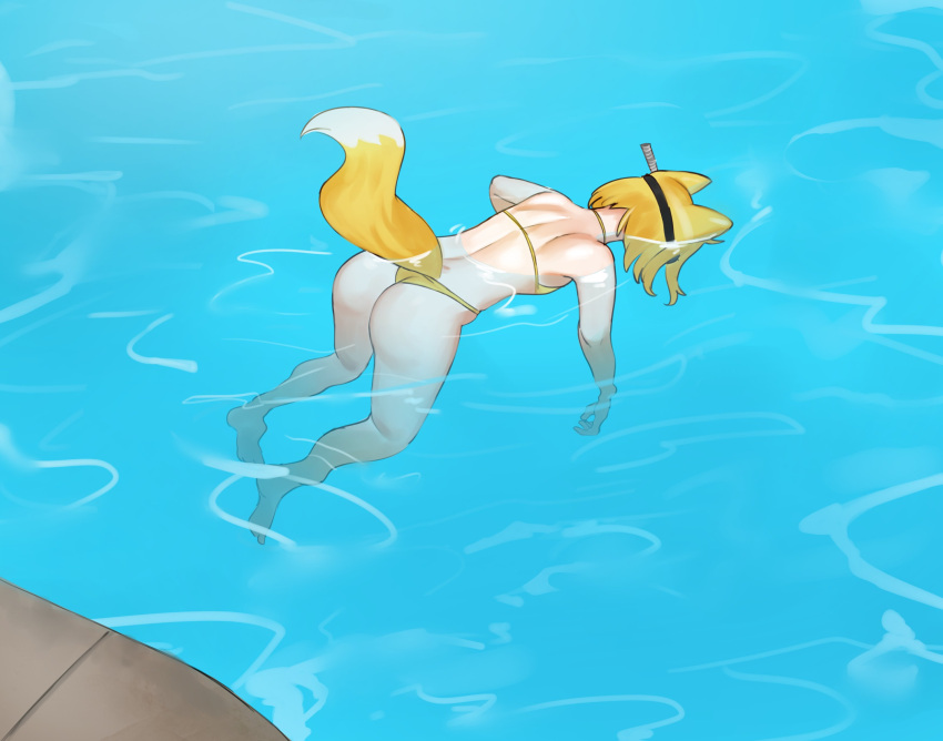 animal_ears anthro ass big_thighs bikini bikini_bottom bikini_top blonde_female blonde_hair breasts female heart lemon_(paeder69) oc original original_character paeder69 partially_submerged pool shirt short_hair solo solo_female tail text thighs water yellow_clothing yellow_hair