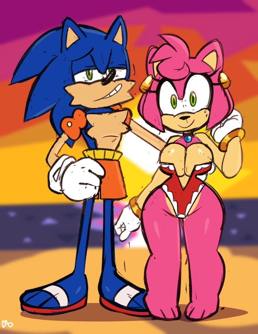 amy_rose anthro beach breasts clothing duo earrings female furry male monamania sega sonic_(series) sonic_the_hedgehog sweetdandy swimsuit wide_hips