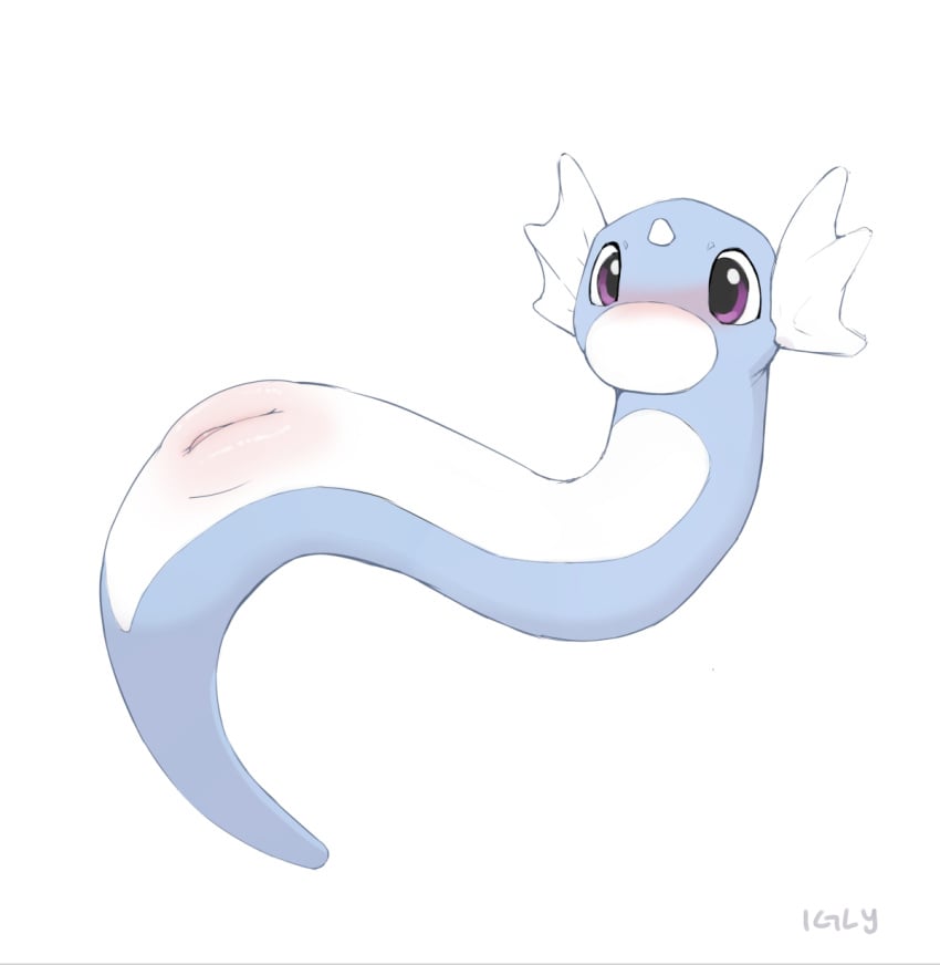 blush dratini female feral generation_1_pokemon genitals hi_res horn imgonnaloveyou looking_at_viewer nintendo pokemon pokemon_(species) pussy simple_background solo watermark white_background