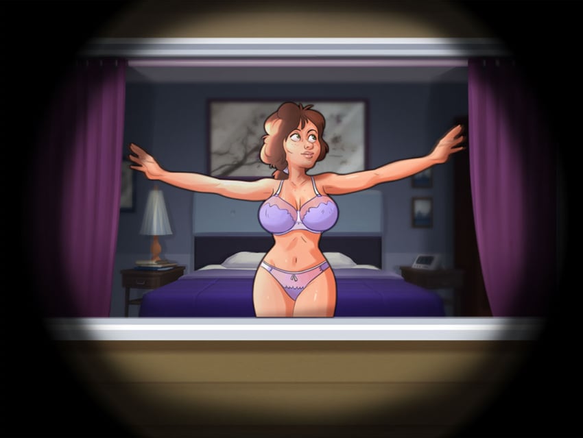 1girls 2d bed bedroom big_breasts black_border bottomwear bra bra_strap breasts closed_eyes curtain curtains curtains_open curvy curvy_body curvy_female curvy_figure darkcookie digital_drawing_(artwork) digital_media_(artwork) duo female female_focus freckles freckles_on_face hairband half-dressed half_naked long_hair main_character_(summertime_saga) panties peeping ponytail red_hair room solo solo_focus summertime_saga tammy_johnson_(summertime_saga) telescope thick_thighs topwear turned_around underwear window