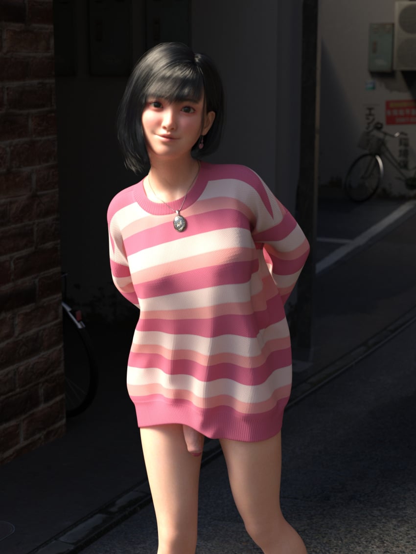 1futa 3d 3d_(artwork) asian asian_futanari black_hair bottomless_skirt cute cute_face daz3d daz_3d daz_studio dazstudio dick dickgirl earrings futa_only futanari japanese jordanja necklace no_panties pantsless pantyless penis penis_out penis_under_clothes penis_under_skirt pierced_ears piercing pink_sweater public public_exposure public_indecency short_hair skirt smile smiling sweater