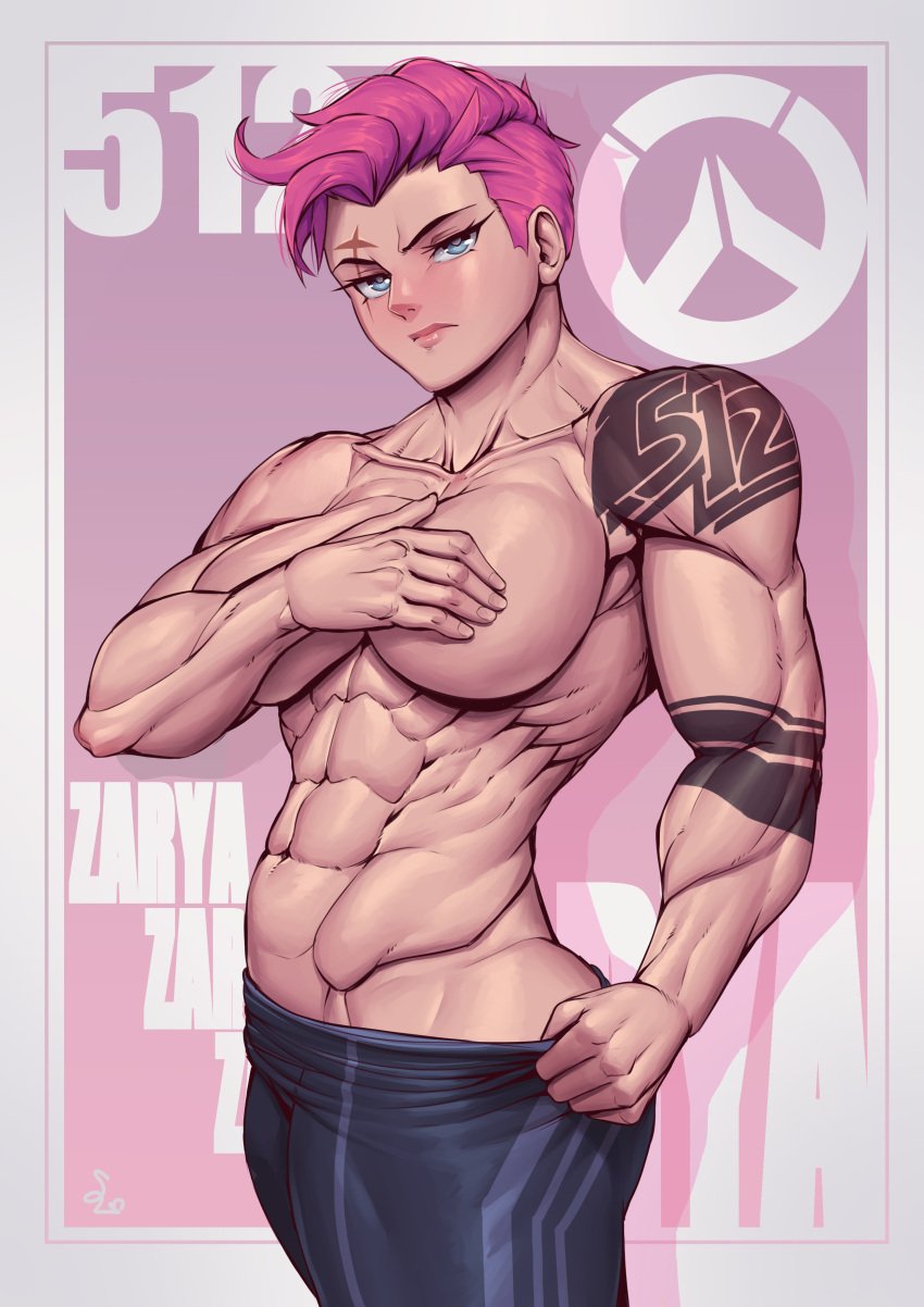 1girls abs absurd_res artist_initials biceps big_breasts covering_breasts defined_muscles female female_only hi_res human looking_at_viewer muscular_female no_visible_genitalia obliques overwatch pink_hair pulling_down_pants ripped_muscles scar_over_eye solo speedl00ver tattooed_arm topless topless_female zarya