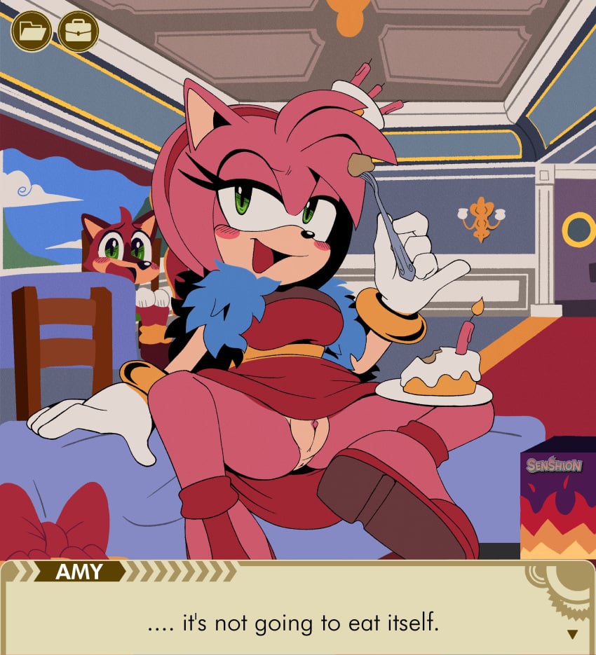 amy_rose anthro anus barry_the_quokka blush bottomless clitoris cunnilingus_request female female_focus food looking_at_viewer pussy senshion sonic_(series) sonic_the_hedgehog_(series) spread_legs talking_to_viewer text the_murder_of_sonic_the_hedgehog upskirt