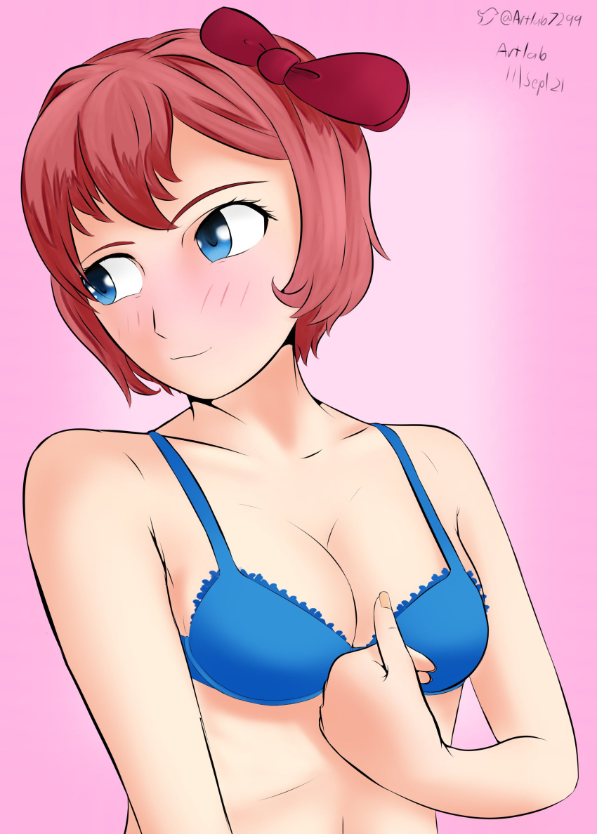 1girls artlab blue_bra blue_eyes blush bow bra breasts cleavage doki_doki_literature_club female hairbow just_sayori red_bow red_hair_bow sayori_(doki_doki_literature_club) thedarkartlab_(artist)