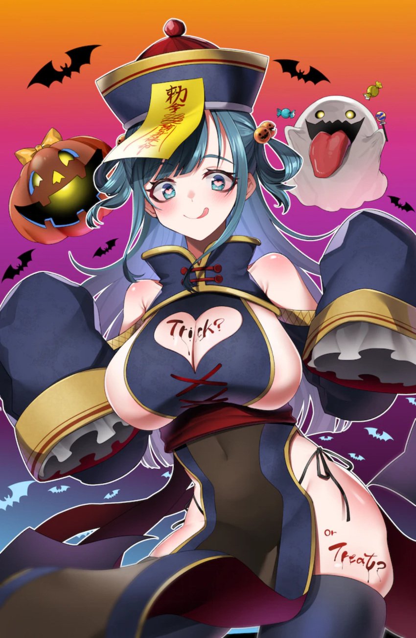 1girls amano_nene_(vtuber) bats belly_button belly_button_visible_through_clothing blush body_writing boob_window breasts candy clothed clothing costume cyan_eyes cyan_hair detached_sleeves female female_only food ghosts halloween halloween_costume hat heart-shaped_pupils huge_breasts jiangshi_costume licking_lips light-skinned_female light_skin lollipop long_sleeves looking_at_viewer production_kawaii pumpkin_head sharp_teeth sideboob solo suika_mimikku symbol-shaped_pupils virtual_youtuber