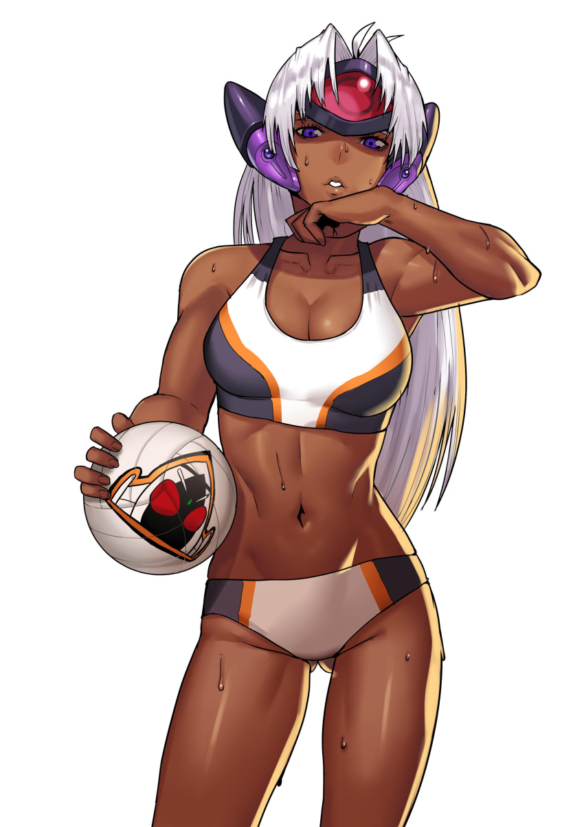 1girls bikini blue_eyes breasts cessa forehead_protector headgear holding_volleyball large_breasts long_hair looking_at_viewer midriff navel sports_bikini sweat swimsuit t-elos tankini volleyball volleyball_uniform white_bikini white_hair white_swimsuit xenosaga