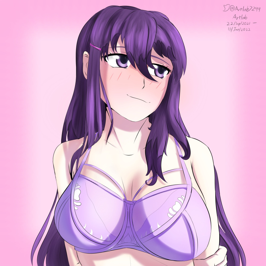 1girls artlabafterdark bra doki_doki_literature_club female long_hair purple_bra purple_eyes purple_hair solo yuri_(doki_doki_literature_club)