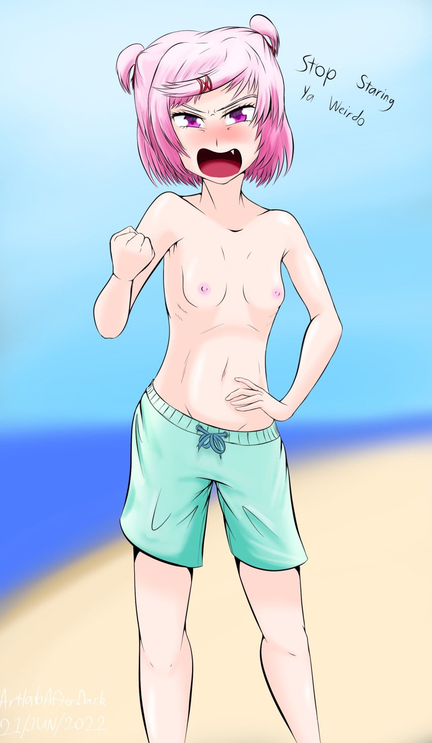 1girls 5_fingers angry artlab blush blushing breasts doki_doki_literature_club embarrassed embarrassed_female english_text female flat_chest male_swimwear_challenge natsuki_(doki_doki_literature_club) navel nipples no_shirt oerba_yun_fang pink_eyes pink_hair skinny swim_trunks text thedarkartlab_(artist)