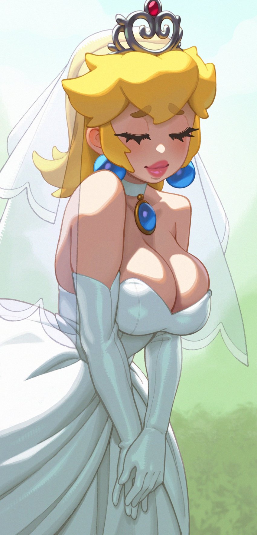 1girls 2023 blonde_hair blue_eyes breasts cleavage female female_focus female_only huge_breasts implied_marriage light-skinned_female light_skin long_hair mario_(series) nintendo princess_peach rizdraws super_mario_odyssey thick_lips tiara wedding_dress wedding_peach_(super_mario_odyssey) wedding_veil white_dress