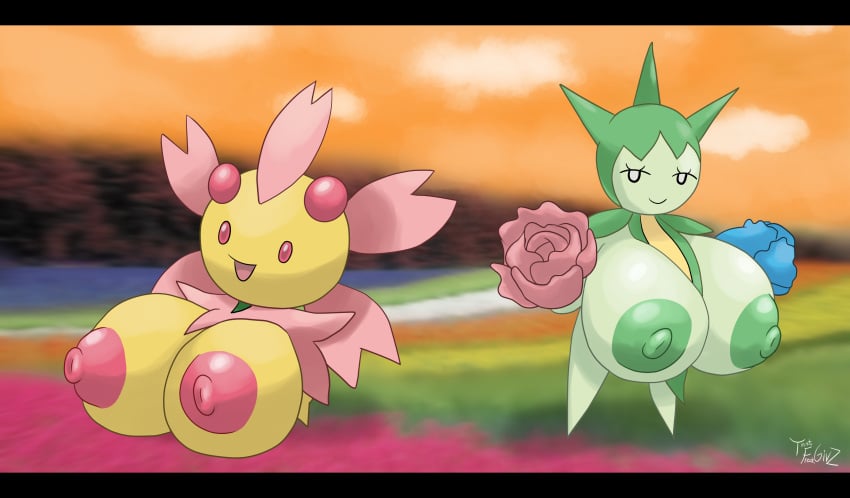 2girls areolae big_areola big_breasts breasts cherrim female female_only flowers green_areola green_nipples green_skin huge_areolae huge_breasts huge_nipples nintendo no_humans pink_areola pink_nipples pokemon pokemon_(game) pokemon_(species) pokemon_dppt pokemon_rse roselia thatfreakgivz yellow_skin