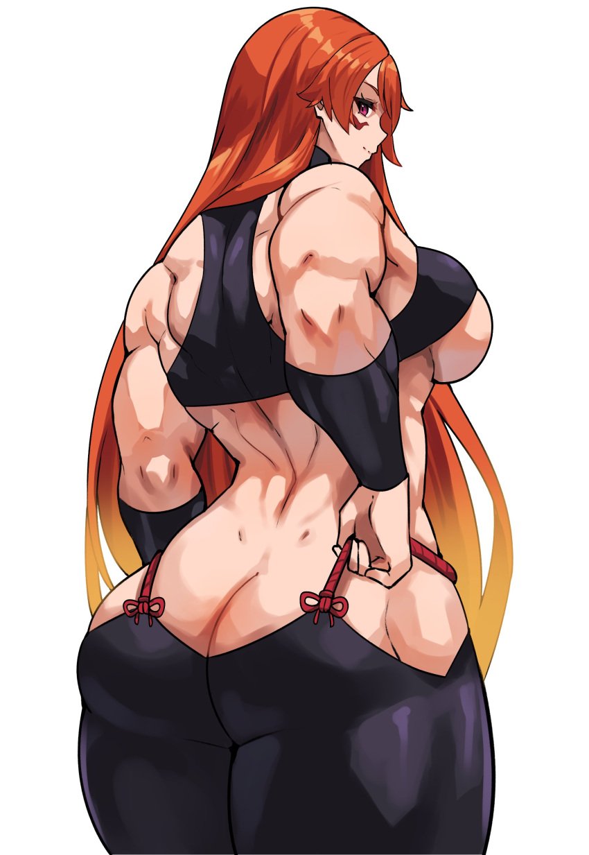 absurdres ass ass_cleavage back bare_arms bare_shoulders biceps big_ass breasts broad_shoulders bustier butt_crack cromwellb facepaint female from_behind fuma_kotaro_(tenkaichi) gradient_hair halterneck highres large_breasts long_hair looking_at_viewer multicolored_hair muscular muscular_female no_panties orange_hair pants parted_bangs red_eyes red_hair revealing_clothes simple_background smile solo tenkaichi_nihon_saikyou_bugeisha_ketteisen underboob very_long_hair wristband