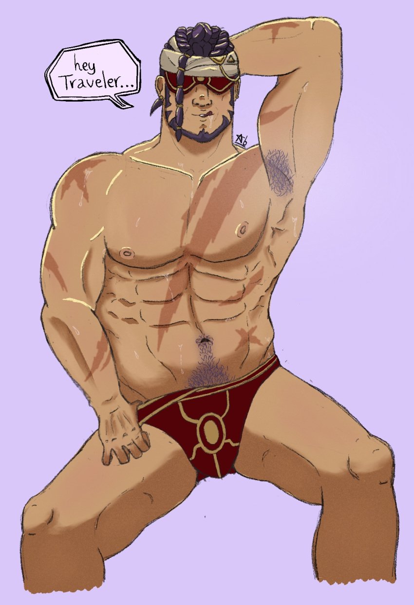 armpits arms_behind_head artist_request bara beard braided_hair covered_eyes daddy daddy_kink eremite_(genshin_impact) genshin_impact hairy_armpits hairy_male hoyoverse jebrael_(genshin_impact) male_only muscular muscular_male npc purple_hair saliva scar smell speech_bubble speedo sweat sweatdrop sweating