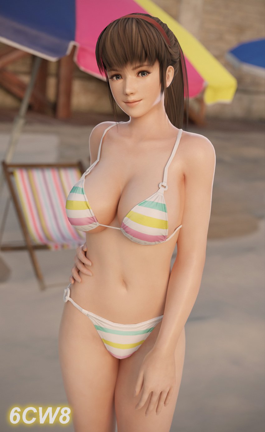 1girls 3d 6cw8 artist_name beach beach_chair beach_umbrella bikini blender blue_eyes breasts brown_hair chair dead_or_alive depth_of_field female female_only hairband hi_res hitomi_(doa) large_breasts long_hair looking_at_viewer ponytail smile solo striped striped_bikini tecmo umbrella