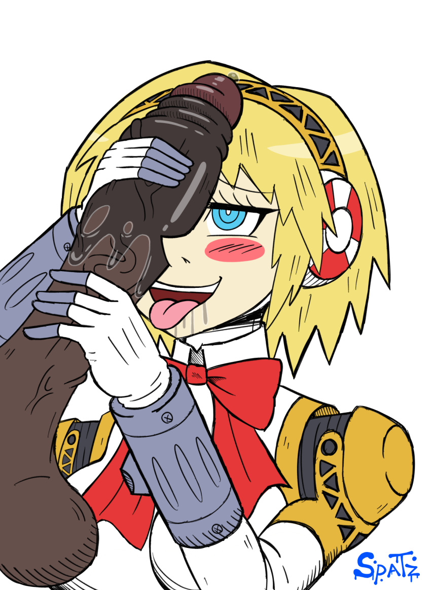 1boy1girl ahe_gao aigis_(persona) bell_haircut black_penis blonde_female blonde_hair cyan_eyes dark-skinned_male deep_blush double_handjob female horny_female huge_cock penis_on_face persona persona_3 robot robot_girl robot_humanoid saliva saliva_drip saliva_on_penis short_hair sinnerspatz tongue_out veins veiny veiny_penis