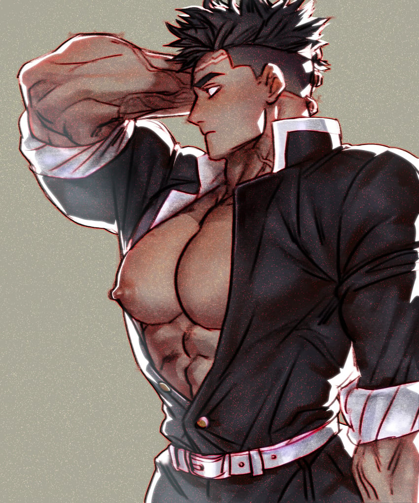 aitanso bara big_breasts big_pecs black_hair blind demon_slayer facial_scar gakuran hand_on_head himejima_gyomei huge_pecs kimetsu_no_yaiba male male_only moobs muscular muscular_male open_jacket open_shirt pecs profile shaved_side sleeves_rolled_up solo tan_skin uniform veiny_muscles