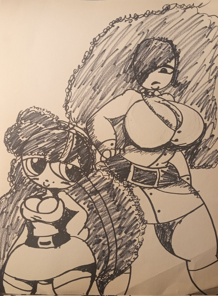 2girls belt belt_buckle big_hair bliss_utonium cleavage cowboy_shot curly_hair curvaceous curvy feet_out_of_frame female giygal hand_on_hip hips_wider_than_shoulders hourglass_figure long_hair monochrome no_nose powerpuff_girls sara_bellum scan simple_background standing thighhighs traditional_media zettai_ryouiki