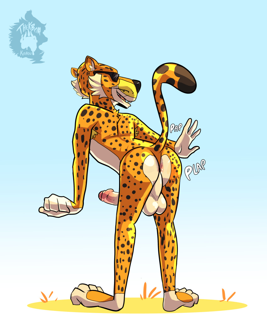 absurd_res anthro anus balls cheetah cheetos chester_cheetah felid feline foreskin genitals gradient_background hi_res humanoid_genitalia humanoid_penis male male_anthro mammal mascot penis presenting presenting_anus simple_background thekinkybear