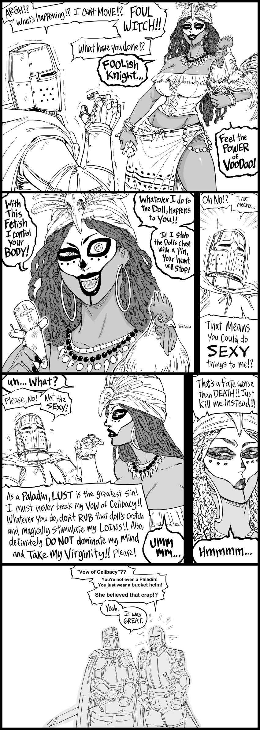 1girls 2boys 4_panel_comic absurd_res armor bb_(baalbuddy) dark-skinned_female dark_skin dialogue english_text female four_panels funny gottem knight male medieval_armour monochrome speech_bubble tagme tribal voodoo voodoo_doll white_background