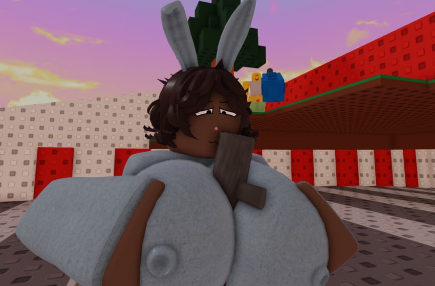 1boy 1girls 3d background_character bazooka bunny_ears dark-skinned_female femboy gun imminent_death large_breasts mutherine roblox robloxian self_upload weapon