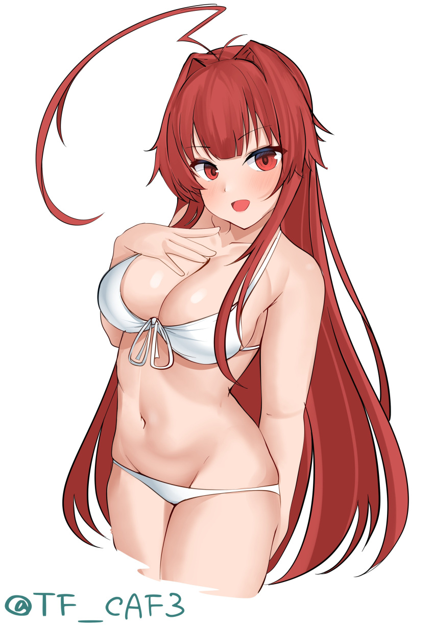 absurdres ahoge bikini breasts brown_hair cleavage cropped_legs front-tie_bikini_top front-tie_top hair_intakes highres huge_ahoge kantai_collection kuma_(kantai_collection) large_breasts looking_at_viewer lowleg lowleg_bikini one-hour_drawing_challenge red_eyes simple_background smile solo standing swimsuit tf_cafe twitter_username white_background white_bikini