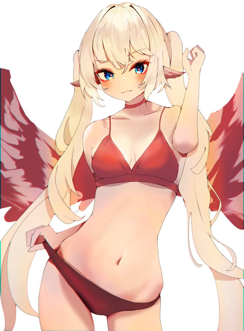 1girls belly_button bird_girl blonde_hair blue_eyes blush bra choker eyebrows_visible_through_hair female female_only indie_virtual_youtuber light-skinned_female light_skin lingerie looking_at_viewer midorikawa_(tawf5452) panties red_bra red_panties simple_background sivi_(vtuber) solo underwear virtual_youtuber white_background wings