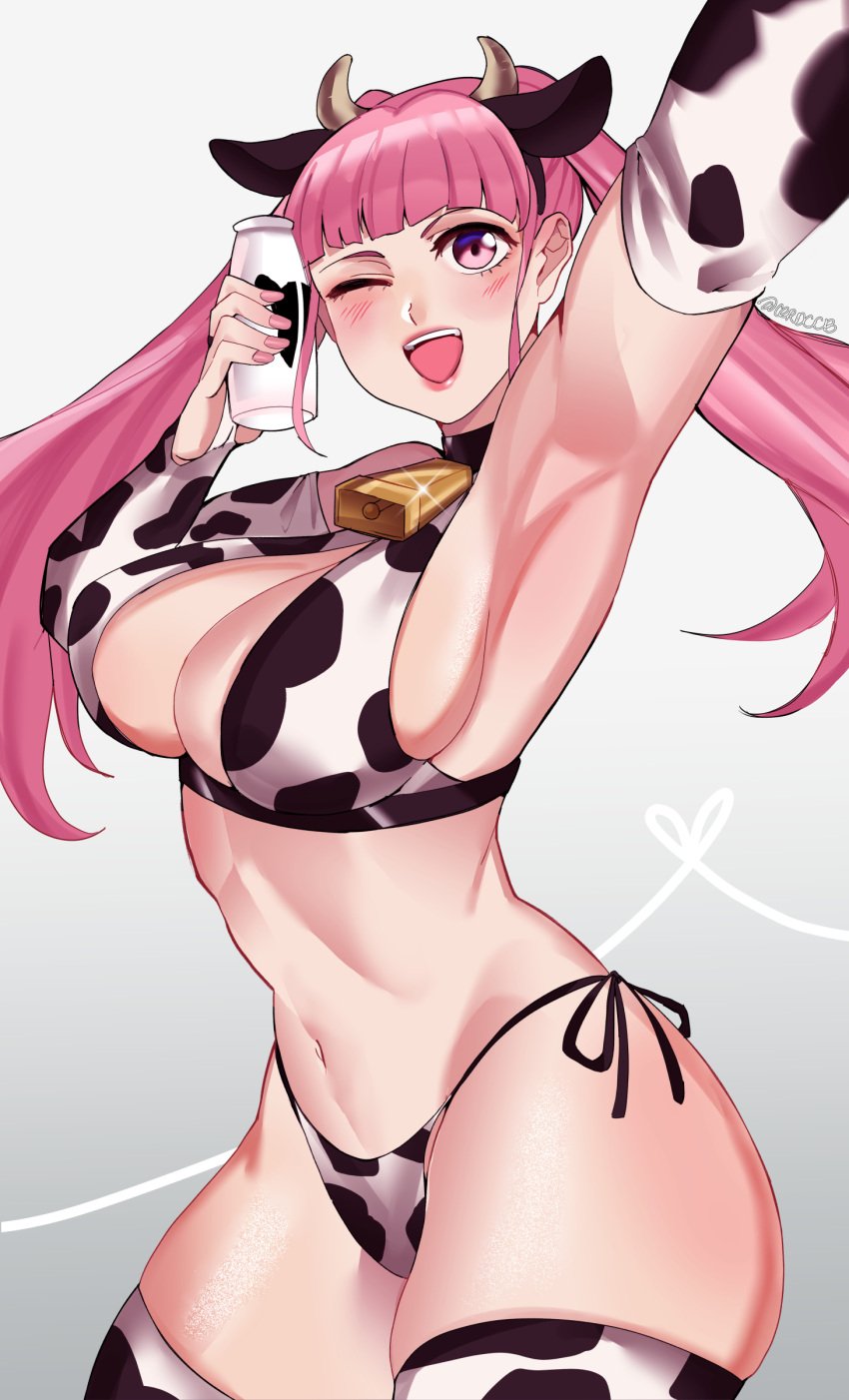 1girls bikini blunt_bangs blush bottle breasts ceroccb cleavage cow_print cow_print_armwear cow_print_bikini cow_print_thighhighs cowbell female female_only fire_emblem fire_emblem:_three_houses hilda_valentine_goneril hips holding_object large_breasts legwear lips milk_bottle nail_polish nails neckwear nintendo one_eye_closed painted_nails pink_eyes pink_hair pink_nail pink_nails skindentation solo thighhighs thighs wink