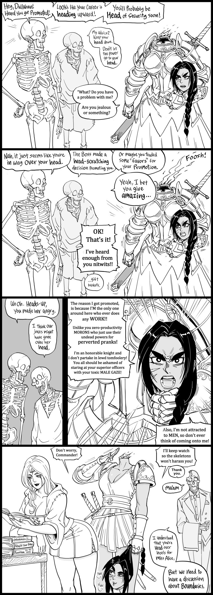 2girls 4_panel_comic absurd_res alice_the_necromancer_(baalbuddy) bb_(baalbuddy) dark-skinned_female dark_skin dialogue dullahan english_text female female_pervert four_panels funny heavy_breathing monochrome necromancer peeping pun speech_bubble tagme white_background yuri