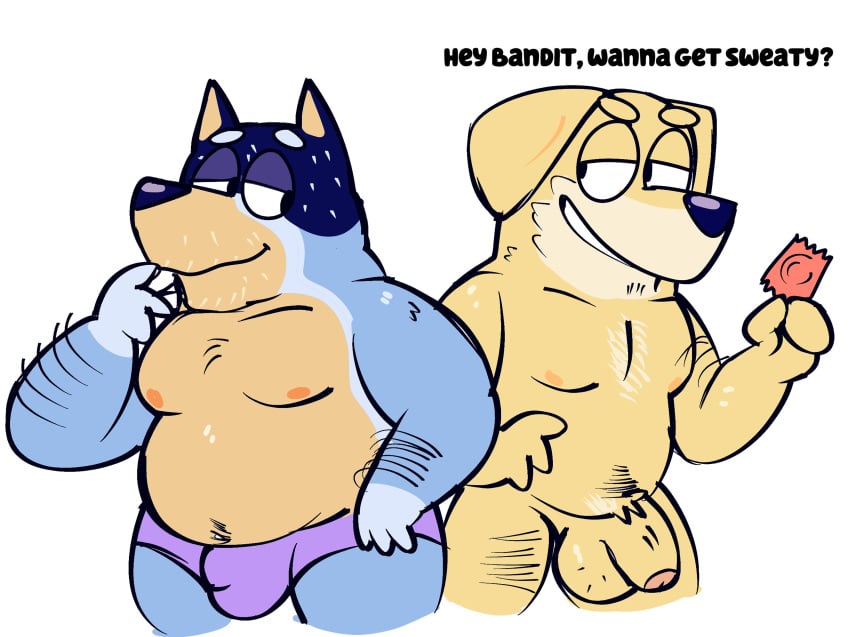 2023 2boys absurd_res anthro anthro_on_anthro australian_cattle_dog balls bandit_heeler belly big_balls big_belly big_penis bird_dog bluey_(series) bulge canid canine canis cattledog chubby_anthro chubby_male clothed clothed/nude clothing condom dialogue domestic_dog duo english_text eyebrows flaccid foreskin fur gay genitals golden_retriever herding_dog hi_res holding_condom holding_object humanoid_genitalia humanoid_penis hunting_dog hyenamilkshake imminent_sex male male/male male_only mammal moobs narrowed_eyes navel nipples nude pastoral_dog pat_(bluey) penis retriever sexual_barrier_device simple_background smile text topless topless_anthro topless_male tuft underwear underwear_only white_background