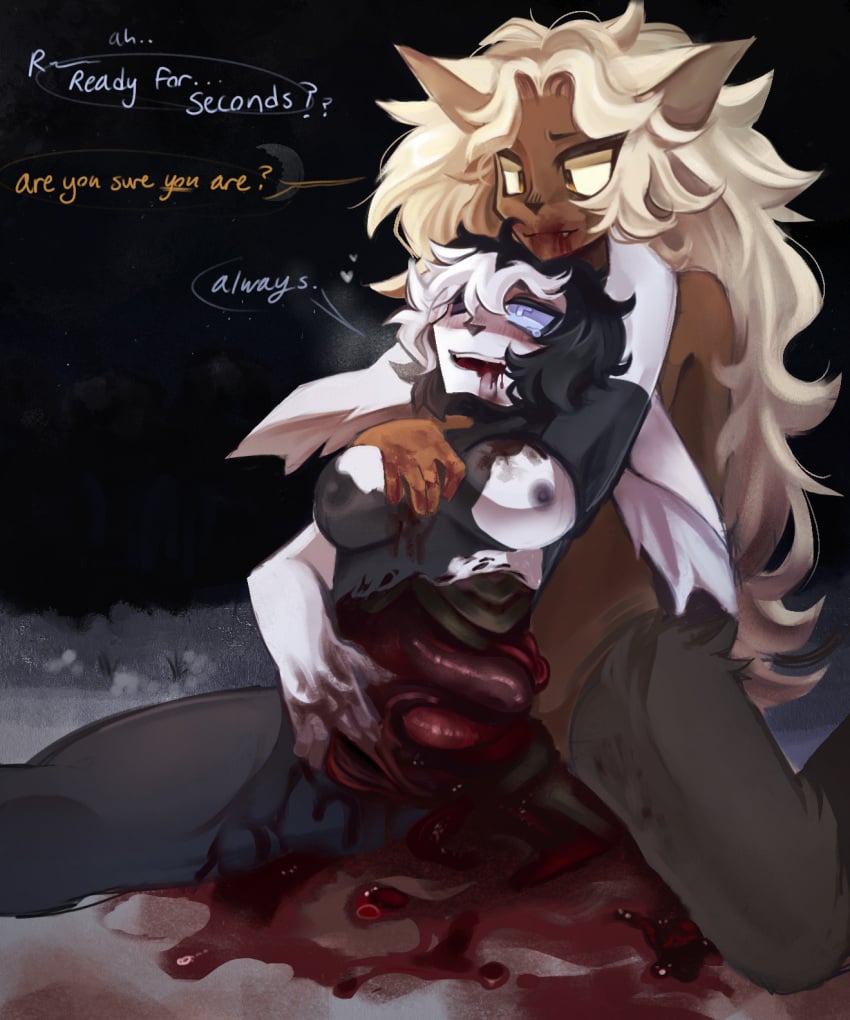 animal_humanoid black_and_white_fur blonde_hair blood blood_on_face blood_on_hand bluescr33m bodily_fluids breasts canid canid_humanoid canine canine_humanoid canis cannibalism consensual_cannibalism dialogue duo female female/female gore guts hair hard_vore hi_res humanoid lagomorph leporid mammal mammal_humanoid moon night nipples organs rabbit rabbit_ears smile snow speech_bubble star tears tears_of_pleasure vore willing_vore winter wolf wolf_humanoid wounded