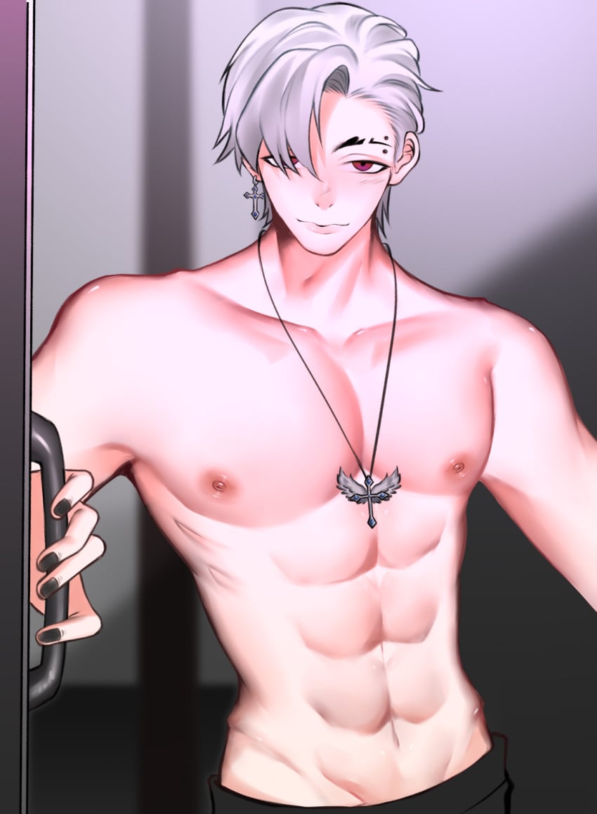 1boy countryhumans countryhumans_oc daybutterfly123 humanized male male_only necklace nick_orus_(daybutterfly123) pectorals red_eyes short_hair white_hair