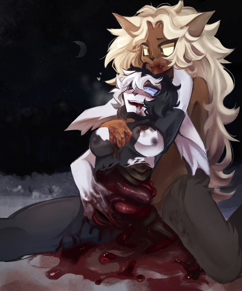 animal_humanoid black_and_white_fur blonde_hair blood blood_on_face blood_on_hand bluescr33m bodily_fluids breasts canid canid_humanoid canine canine_humanoid canis cannibalism consensual_cannibalism duo female female/female gore guts hair hard_vore hi_res humanoid lagomorph leporid mammal mammal_humanoid moon night nipples organs rabbit rabbit_ears smile snow star tears tears_of_pleasure vore willing_vore winter wolf wolf_humanoid wounded