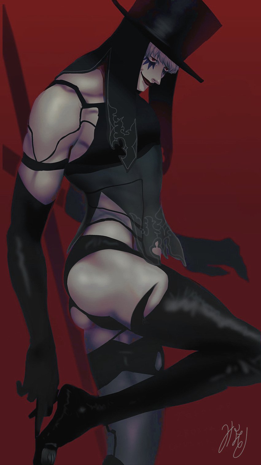 alternate_costume black_gloves black_legwear blonde_hair boots donquixote_rosinante elbow_gloves facepaint gloves high_heel_boots high_heels lipstick makeup male male_only namomito nier:_automata one_piece red_background red_lipstick see-through_clothing smile solo thigh_boots thighhighs toned toned_male top_hat yorha_a2_(cosplay)