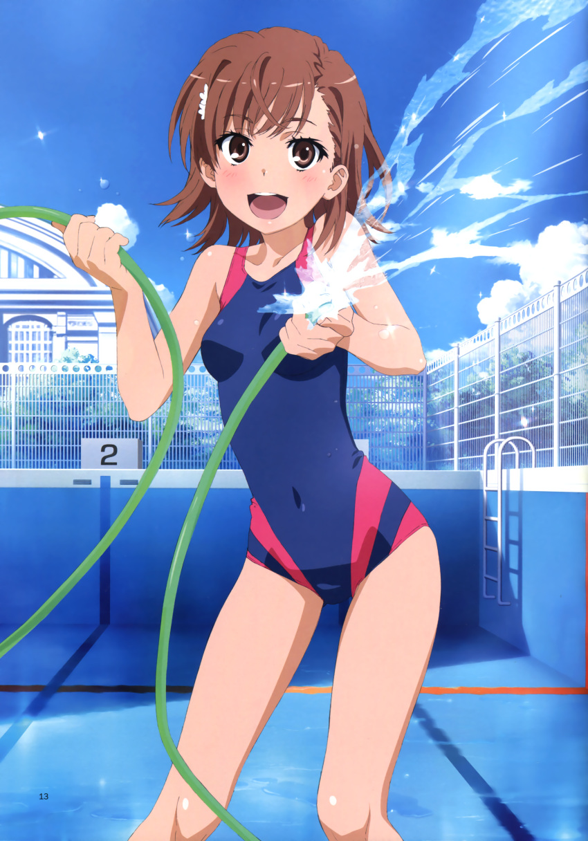 10s 1girls 2013 :d absurd_res bare_legs bare_shoulders brown_eyes brown_hair brunette cloud collarbone competition_swimsuit covered_navel cute day empty_pool feet_out_of_frame female fence happy happy_female hi_res hose matching_hair/eyes misaka_mikoto official_art one-piece_swimsuit open_mouth open_smile outdoors pool pool_ladder scan school_swimsuit short_hair skin_tight sky smile solo splashing standing swimsuit tanaka_yuuichi teenage_girl teenager thighs to_aru_kagaku_no_railgun to_aru_majutsu_no_index water young