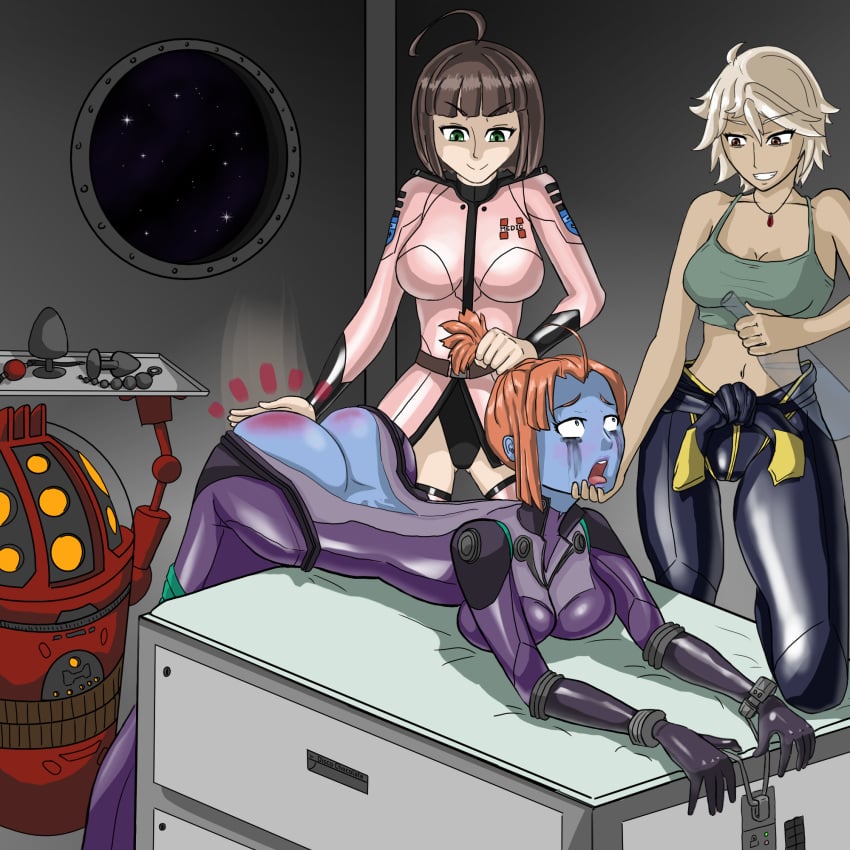 3girls akira_yamamoto alien_girl analyzer ass bent_over_table big_ass blue_body blue_skin blush bodysuit bondage brown_hair buttplug cuffs discochocolate female female_only femdom femsub gamilas makoto_harada mascara_tears melda_deitz multiple_girls open_mouth orange_hair pilot_suit pulling_hair robot runny_makeup sex_toy space_battleship_yamato space_battleship_yamato_2199 spanking spanking_ass tagme tears