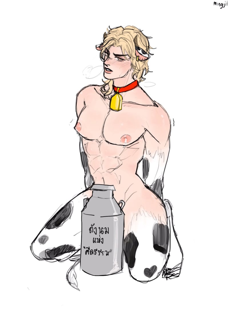 1boy abs animal_ears big_breasts blonde blonde_hair blush cow_boy cow_ears cow_tail cowbell cute dio_brando gay jojo's_bizarre_adventure lactation large_pectorals long_hair male male_breasts male_focus male_lactation male_only milk minggiijwinjsj navel nipples nude pectorals solo tail thighs yellow_eyes