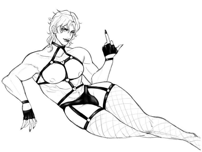 1boy abs bulge crossdressing dio_brando fangs fingerless_gloves fishnet_thighhighs fishnets gay gloves harness jojo's_bizarre_adventure large_pectorals lipstick long_hair looking_at_viewer makeup male male_focus male_only middle_finger minggiijwinjsj monochrome muscular muscular_male nail_polish nipples pectorals solo thick_thighs thighhighs thighs