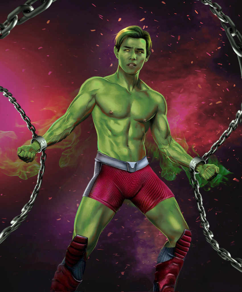 actor asian asian_male beast_boy beast_boy_(titans) big_bulge biracial biracial_male bondage bound bulge carlos_gzz celebrity chains dc east_asian east_asian_male flaccid garfield_logan green_skin huge_bulge in_character male male_only muscles muscular muscular_male ryan_potter shirtless_male smooth_chest smooth_skin solo solo_male superhero tied_up titans underwear underwear_only