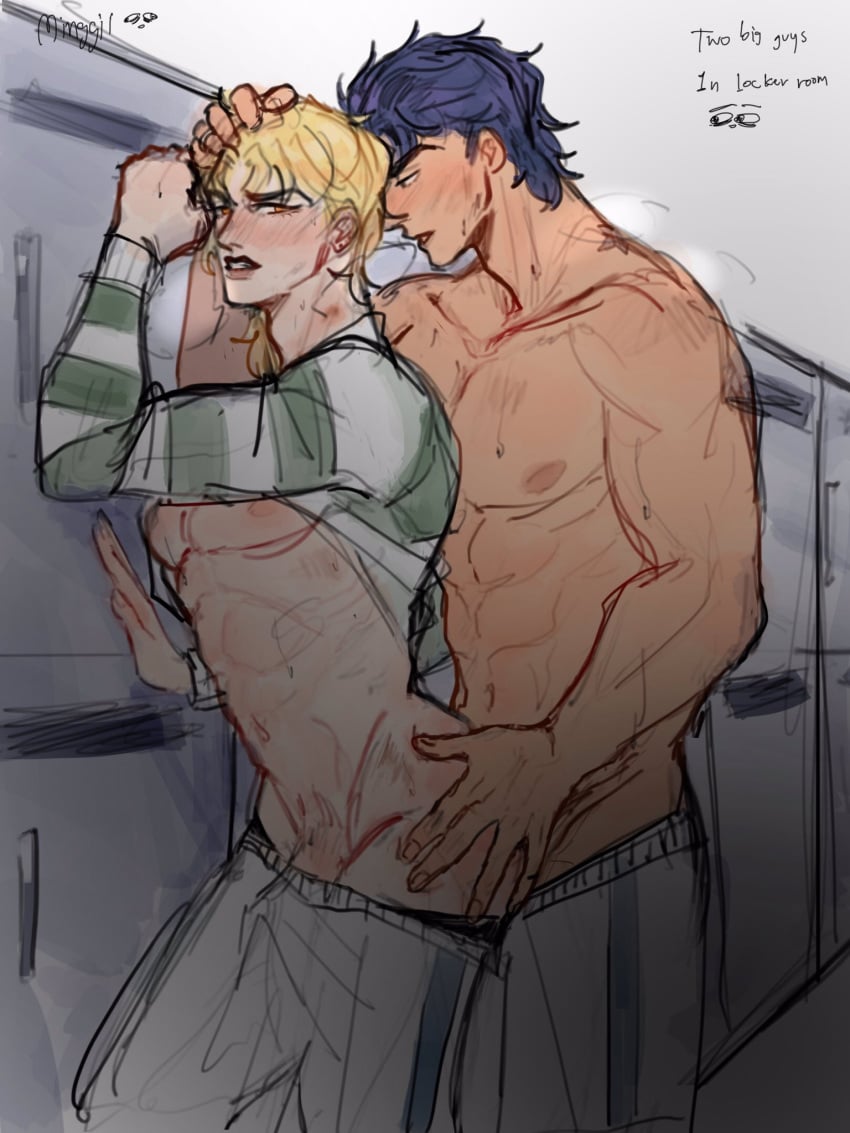 2boys abs ass birthmark blonde_hair blue_hair blush dio_brando erection gay gay_sex hand_on_another's_head hickey implied_anal implied_sex joestar_birthmark jojo's_bizarre_adventure jojo_reference jonathan_joestar locker locker_room male male/male male_focus male_only minggiijwinjsj multiple_boys muscular muscular_male navel nipples pectorals penis phantom_blood rugby_uniform short_hair shorts sportswear undressing yaoi yellow_eyes