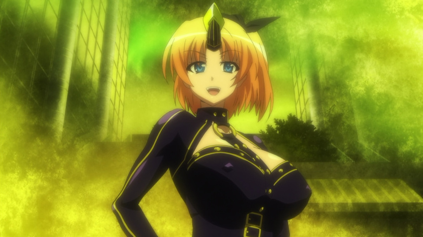 1girls big_breasts blonde_hair blue_eyes bodysuit busty cleavage confident dakara_boku_wa_h_ga_dekinai fukumune_iria hi_res horn large_breasts monster_girl ponytail screencap screenshot smile stitched voluptuous