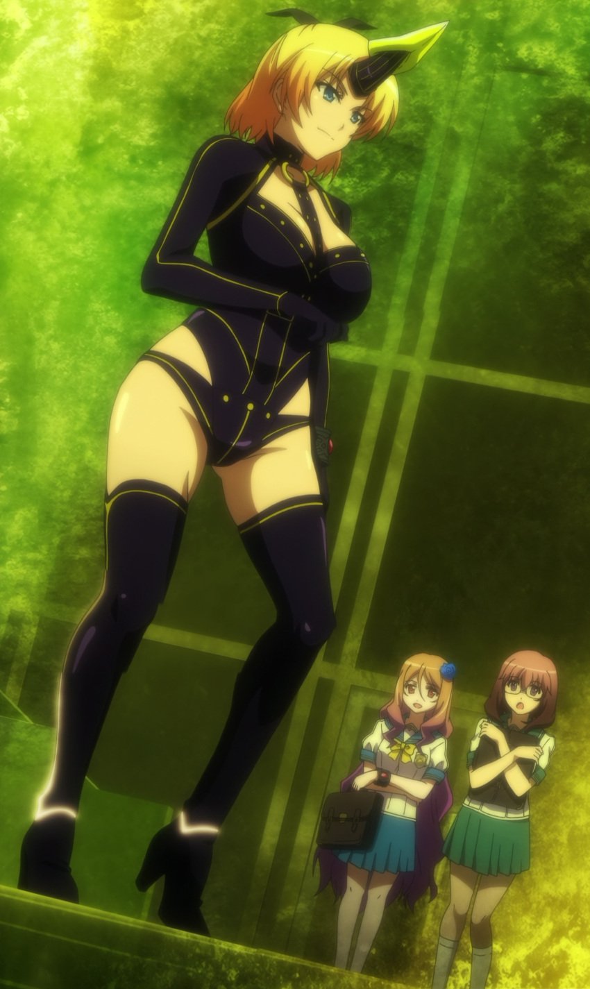 3girls big_breasts blonde_hair blue_eyes bodysuit busty cleavage dakara_boku_wa_h_ga_dekinai fukumune_iria hi_res horn large_breasts legs monster_girl multiple_girls ponytail screencap screenshot smile stitched thick_thighs thighs voluptuous