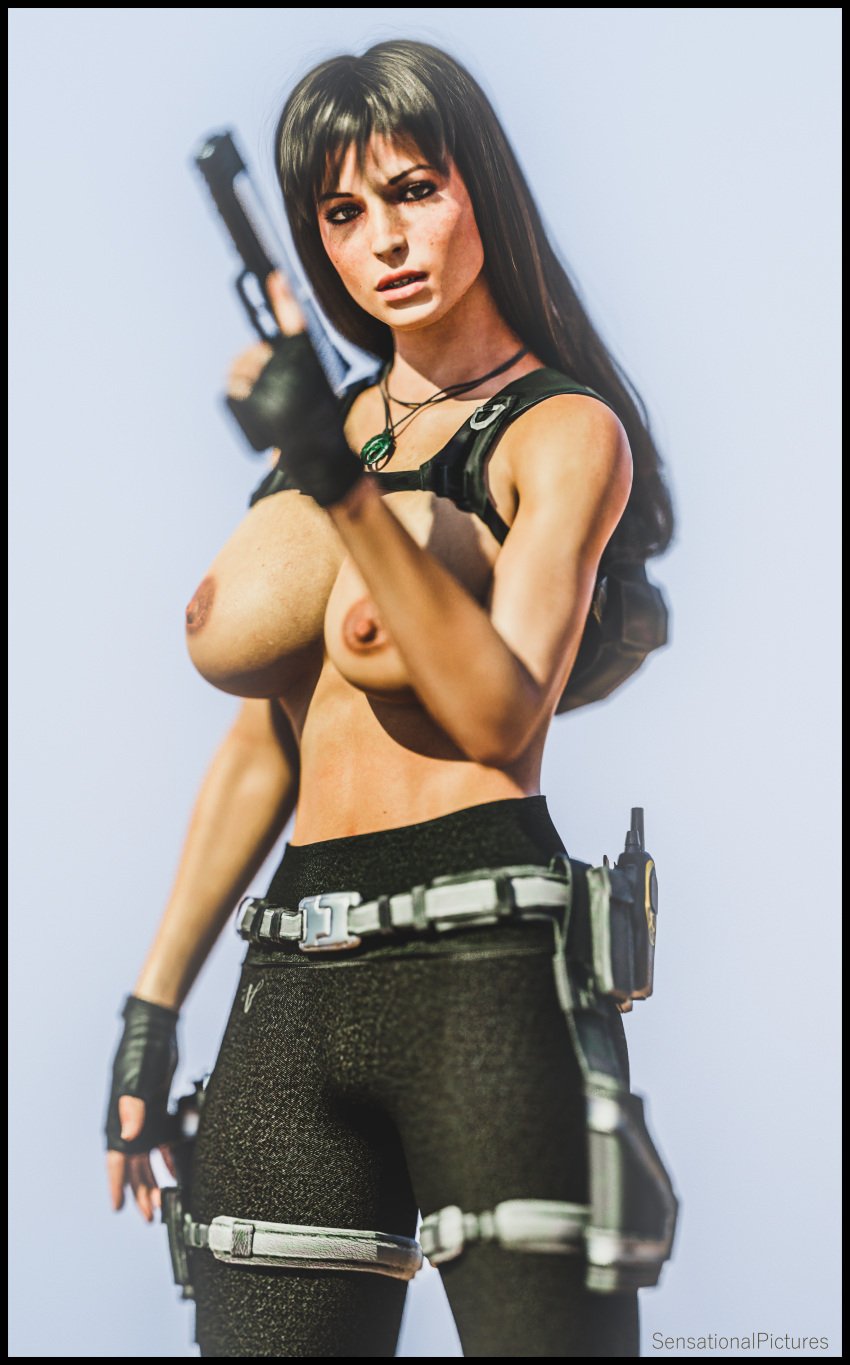 3d areolae big_breasts breasts brown_eyes brown_hair busty desert_eagle female female_focus female_only gun hourglass_figure lara_croft lara_croft_(survivor) long_hair nipples pinup pinup_pose pistol sensationalpictures standing tagme tomb_raider tomb_raider_(survivor) topless wide_hips