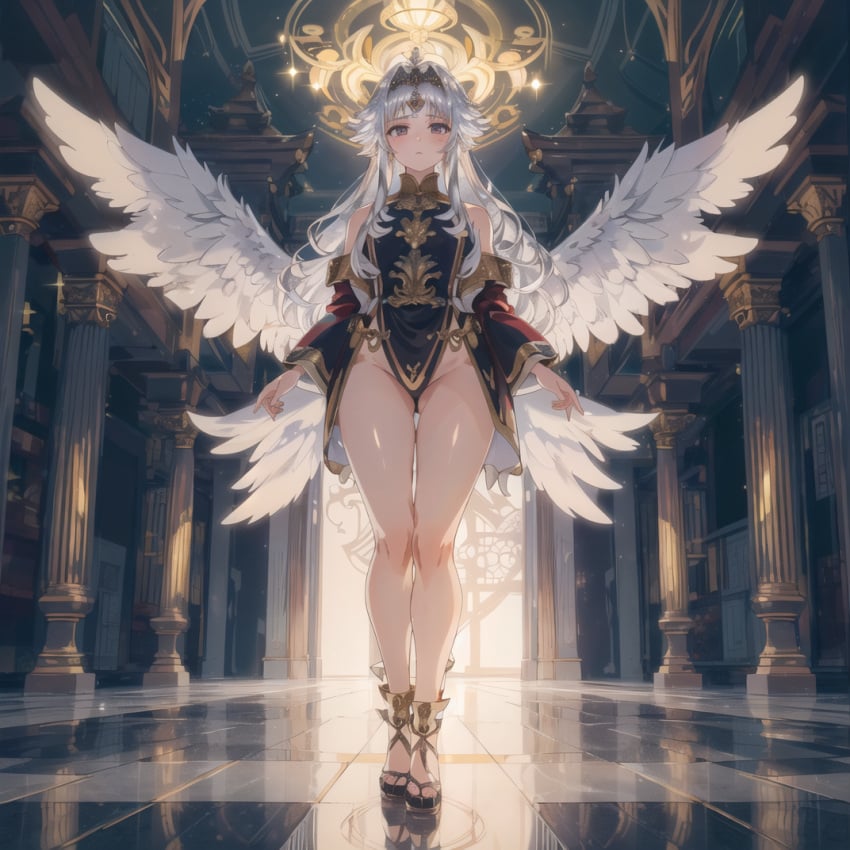 ai_generated angel angelic barely_clothed heaven heavenly_ass reflection silver_hair thick thick_ass thick_thighs white_hair wings