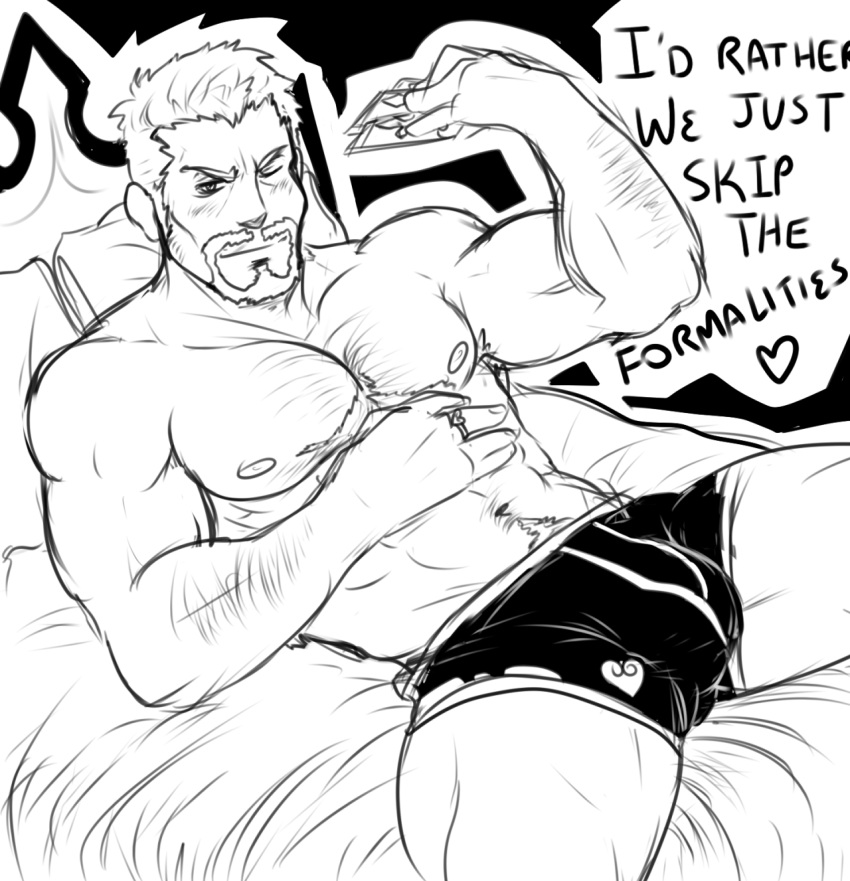 balls blush bulge cards chest_hair ear_piercing facial_hair kingdom_hearts luxord male male_only monochrome nobody_(kingdom_hearts) one_eye_closed organization_xiii penis playing_card solo solo_male speech_bubble thewildwolfy underwear