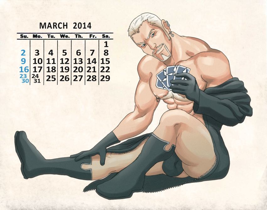 2014 artist_request balls black_clothing bulge calendar_(medium) cards coat ear_piercing facial_hair kingdom_hearts luxord male male_only march_(month) nobody_(kingdom_hearts) organization_xiii penis playing_card sitting solo solo_male