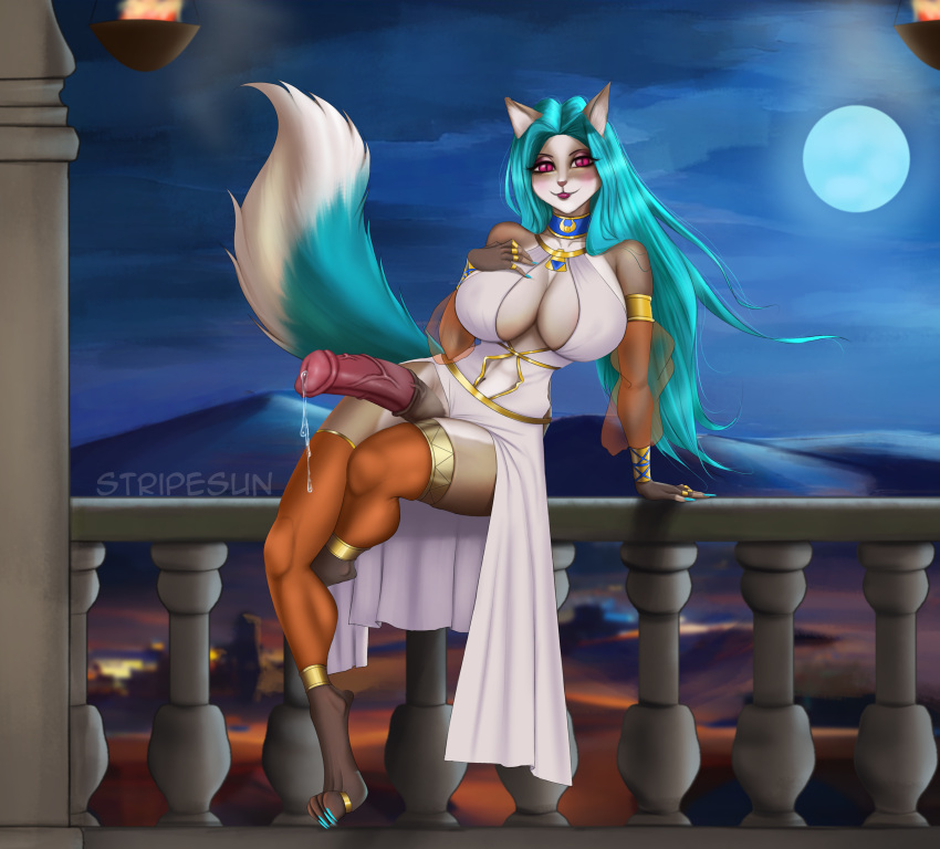 absurd_res akeno_(itsnafulol) alternate_species animal_genitalia animal_penis anthro balcony big_breasts blue_hair bodily_fluids breasts brown_body brown_fur choker clothing cum cum_drip desert domestic_cat dress dripping egyptian egyptian_clothing equine_genitalia equine_penis felid feline felis female fur furrification genital_fluids genitals gold_(metal) gold_jewelry gynomorph hair hi_res intersex jewelry legwear long_hair mammal moon necklace night penis precum purple_eyes ragdoll_cat sitting smile solo sunstripe tail thick_thighs thigh_highs white_clothing white_dress