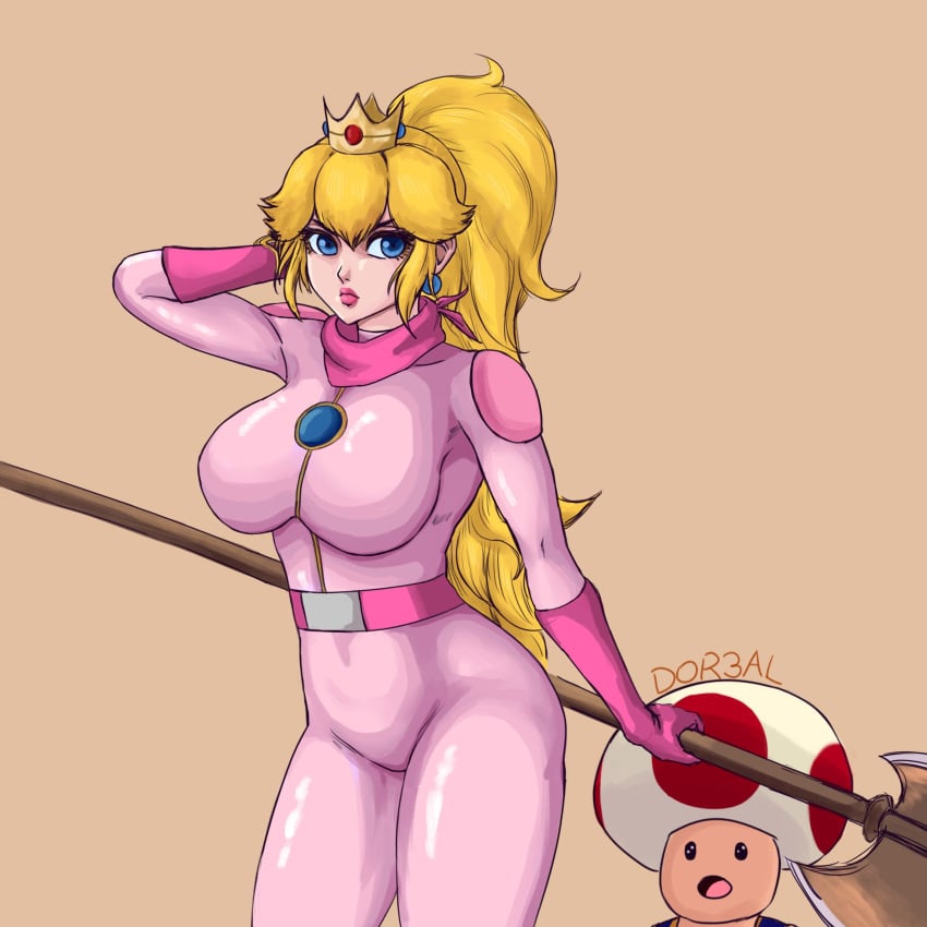 2023 artist_name ass ball_earrings big_breasts blonde_hair blue_eyes bodysuit crown dor3al elbow_gloves female holding_lance hourglass_figure illumination_entertainment mario_(series) nintendo ponytail princess_peach super_mario_bros._(2023_film) toad_(mario)