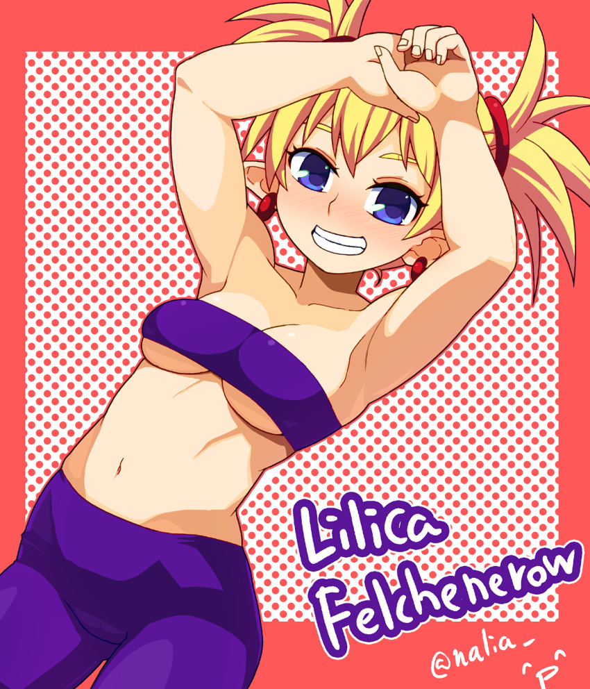 1girls arcana_heart armpits arms_above_head arms_up big_breasts bike_shorts blonde_hair blue_eyes blush breasts busty cleavage female female_only grin large_breasts legs lilica_felchenerow looking_at_viewer midriff navel pointy_ears pose posing sensual sexy_armpits smile strapless thighs tube_top twintails underboob